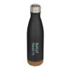 Botella de 500&nbsp;ml de acero inoxidable con aislamiento y doble pared con detalles de corcho "Cove" Estándar | Negro intenso | sin montaje de publicidad | no disponible | no disponible