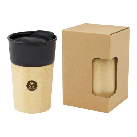 Taza de porcelana de 320 ml con pared exterior de bambú &quot;Pereira&quot; Estándar | Negro intenso | sin montaje de publicidad | no disponible | no disponible
