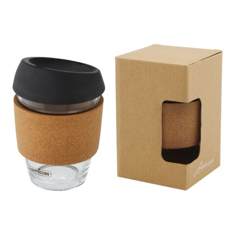 Vaso de vidrio borosilicato de 360 ml con agarre de corcho y tapa de silicona "Lidan" Negro intenso