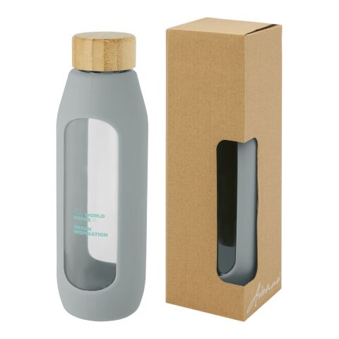 Botella de vidrio borosilicato de 600 ml con agarre de silicona &quot;Tidan&quot; Estándar | gris | sin montaje de publicidad | no disponible | no disponible