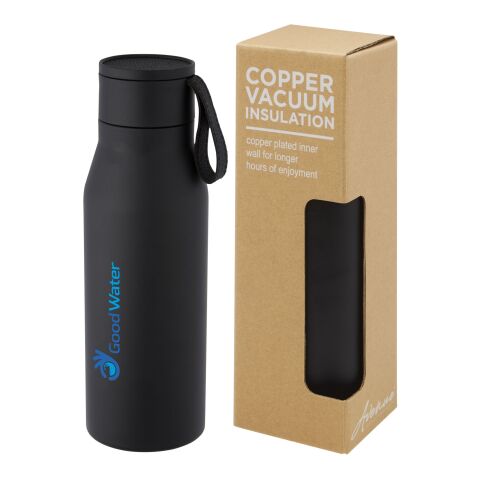 Botella de acero inoxidable con aislamiento al vacío de cobre de 500 ml con tapa y correa de cuero de poliuretano &quot;Ljungan&quot; Estándar | Negro | sin montaje de publicidad | no disponible | no disponible