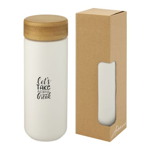 Vaso de cerámica de 300 ml con tapa de bambú &quot;Lumi&quot; Estándar | Blanco | sin montaje de publicidad | no disponible | no disponible