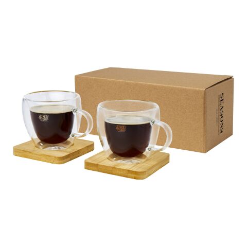 Dos tazas de vidrio de doble pared de 100 ml con posavasos de bambú &quot;Manti&quot; Estándar | Transparente-Natural | sin montaje de publicidad | no disponible | no disponible