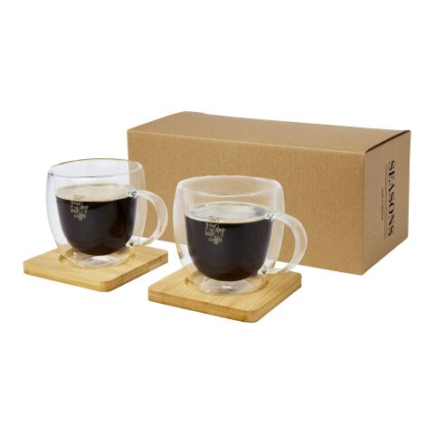 Dos tazas de vidrio de doble pared de 250 ml con posavasos de bambú &quot;Manti&quot; Estándar | blanco-beige | sin montaje de publicidad | no disponible | no disponible