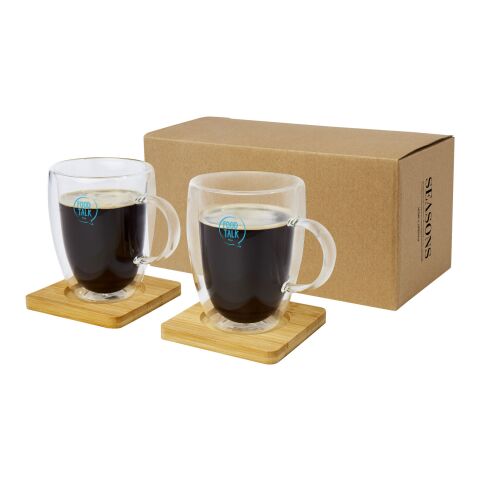 Dos tazas de vidrio de doble pared de 350 ml con posavasos de bambú &quot;Manti&quot; Estándar | blanco-beige | sin montaje de publicidad | no disponible | no disponible