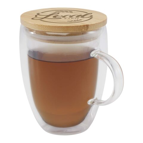 Taza de vidrio de 350 ml con tapa de bambú &quot;Leona&quot; Estándar | Blanco | sin montaje de publicidad | no disponible | no disponible