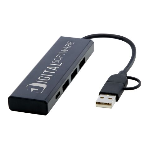 Hub USB 2.0 de aluminio reciclado con certificación RCS &quot;Rise&quot; Estándar | Negro intenso | sin montaje de publicidad | no disponible | no disponible