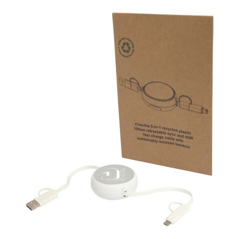 Cable retráctil 5 en 1 de 100 cm de plástico reciclado y aluminio para sincronización de datos y carga rápida de 45 W &quot;Alasia&quot; Estándar | Plateado | sin montaje de publicidad | no disponible | no disponible
