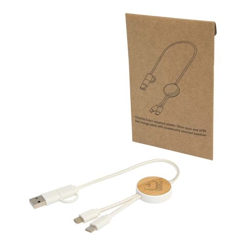 Cable 5 en 1 de plástico reciclado de 30 cm para sincronización de datos y carga rápida de 27 W con detalles de bambú &quot;Chechia&quot; Estándar | Transparente claro | sin montaje de publicidad | no disponible | no disponible