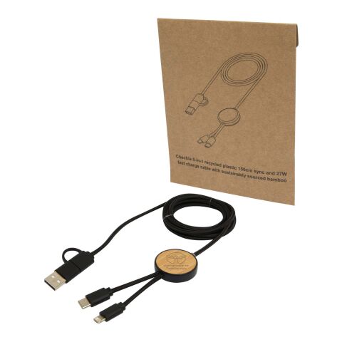 Cable 5 en 1 de plástico reciclado de 150 cm para sincronización de datos y carga rápida de 27 W con detalles de bambú &quot;Chechia&quot; Estándar | Negro intenso | sin montaje de publicidad | no disponible | no disponible