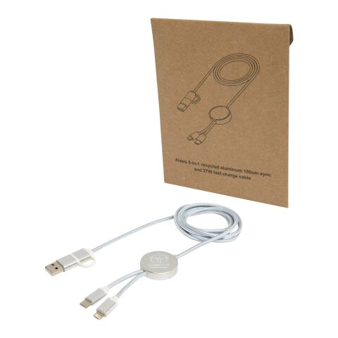 Cable 5 en 1 de aluminio y plástico reciclado de 150 cm para sincronización de datos y carga rápida de 27 W &quot;Alasia&quot; Estándar | Plateado | sin montaje de publicidad | no disponible | no disponible
