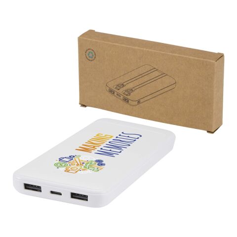 Batería externa de plástico reciclado de 10 000 mAh y 10 W con 2 cables integrados &quot;Adhil&quot; Estándar | Blanco | sin montaje de publicidad | no disponible | no disponible