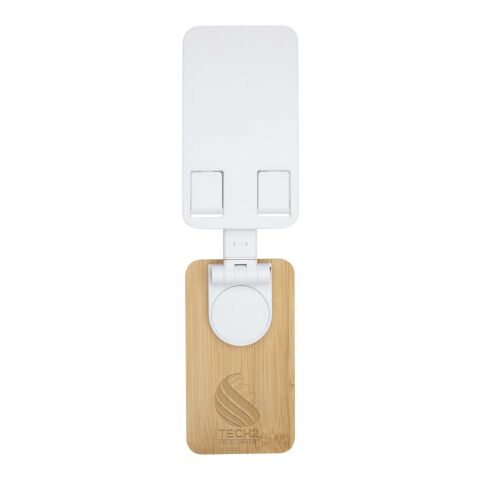 Soporte para teléfono de sobremesa plegable de plástico reciclado con detalles de bambú &quot;Alfirk&quot; Estándar | Blanco | sin montaje de publicidad | no disponible | no disponible