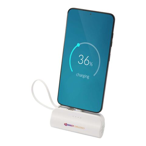 Batería externa tipo-C de plástico reciclado de 5000 mAh y 10 W con soporte abatible incorporado y cable 2 en 1 &quot;Alnair&quot; Estándar | Blanco | sin montaje de publicidad | no disponible | no disponible
