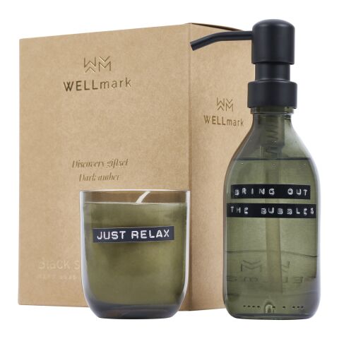 Dispensador de jabón de manos de 200 ml y juego de velas aromáticas de 150 g con fragancia de ámbar oscuro "Wellmark Discover