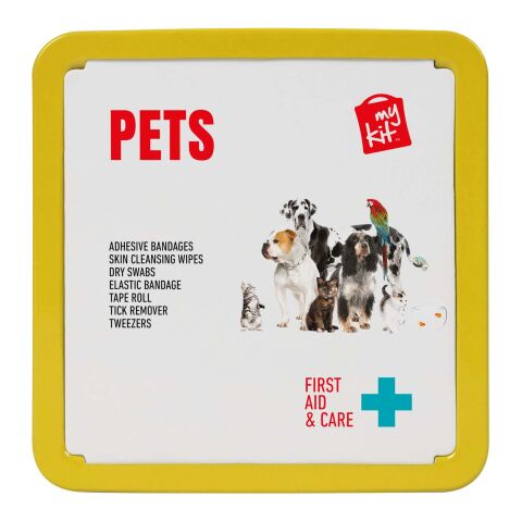 Botiquín de primeros auxilios para mascotas en caja metálica &quot;MyKit&quot; Amarillo | sin montaje de publicidad