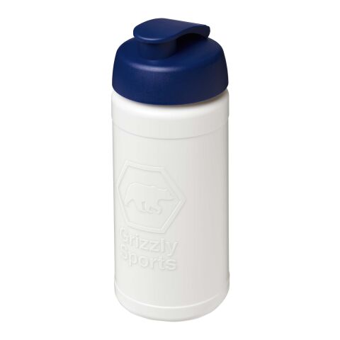 Bidón deportivo con tapa abatible de 500 ml &quot;Baseline Rise&quot; Blanco-Azul | En Impresión De Molde | frontal | 50 mm x 110 mm