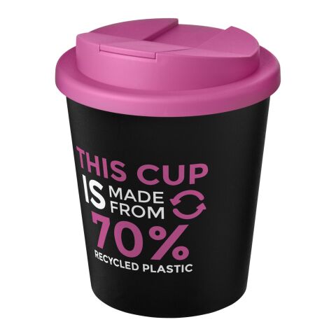 Vaso reciclado de 250&nbsp;ml con tapa antigoteo "Americano® Espresso Eco" Negro intenso-Magenta | sin montaje de publicidad | no disponible | no disponible