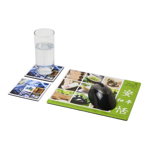 Combo 3 de alfombrilla para ratón y juego de posavasos Q-Mat® negro | Impresión En Papel | arriba | 235 mm x 200 mm