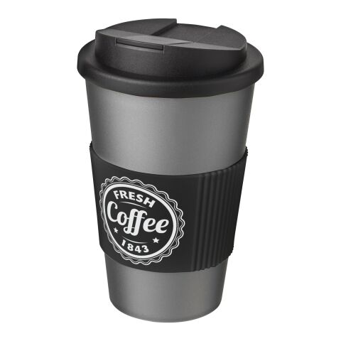Americano® vaso 350 ml con agarre y tapa antigoteo Plateado-Negro intenso | Impresión De Pantalla 1 color | envolvente | 228 mm x 73 mm