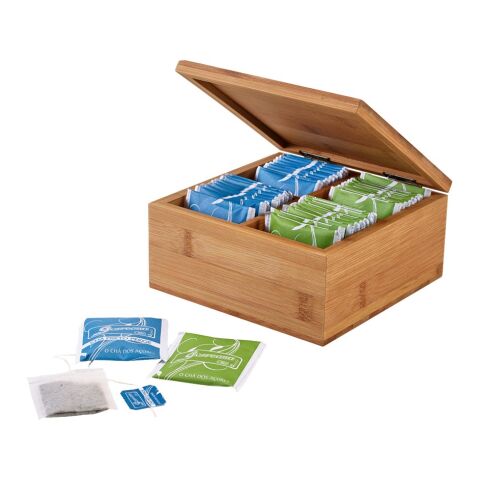 ARNICA. Caja de té de bambú con 4 compartimentos y cierre magnético Beige | sin montaje de publicidad