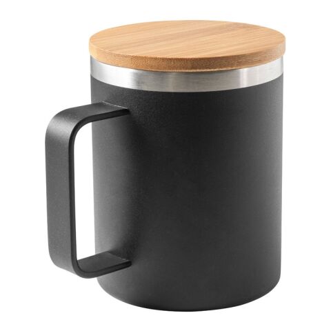 LAUDA. Taza de acero inoxidable 90% reciclado con tapa de bambú 420 mL Negro | sin montaje de publicidad
