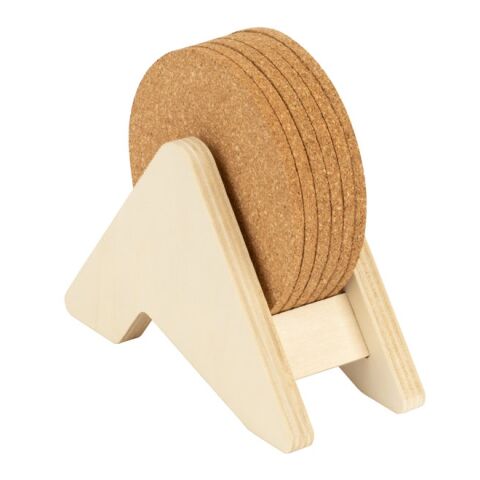 PLYCORK. Soporte de madera contrachapada con 6 posavasos de corcho
