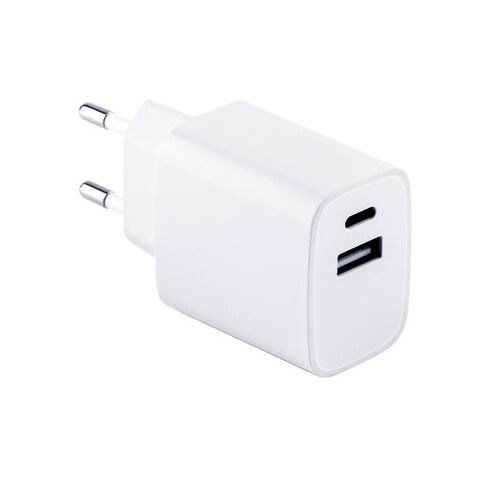 WEGENER. Adaptador de corriente con puerto USB-A de 18 W y USB-C de 20 W en ABS reciclado (100% rABS) Blanco | sin montaje de publicidad