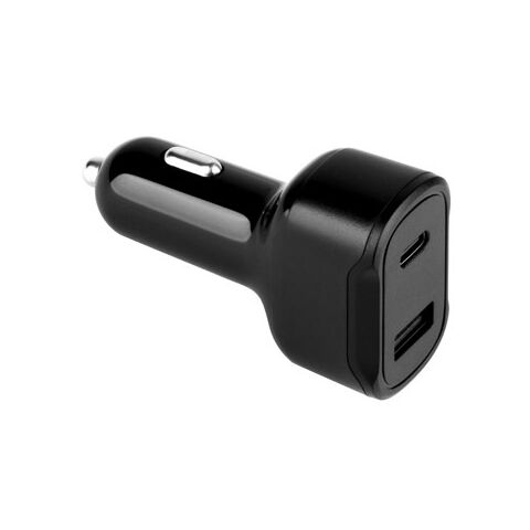 DIRAC. Adaptador para mechero con puerto USB-A de 18 W y USB-C de 20 W en 100% rABS Negro | sin montaje de publicidad