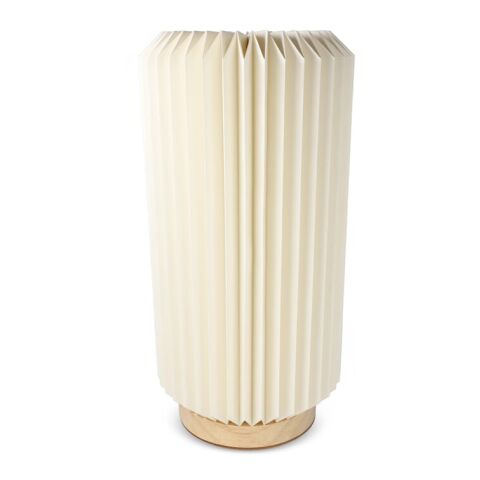 Lámpara LED de papel plegable Coollux Aurora Tall sobre base de madera, 32cm