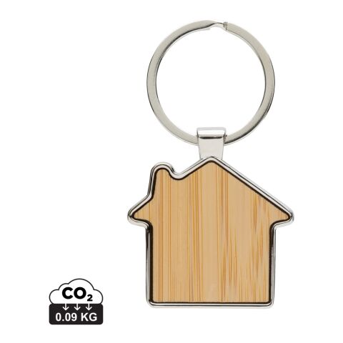 Llavero forma casa aleación de zinc reciclado RCS con bambú plata-marron | sin montaje de publicidad | no disponible | no disponible