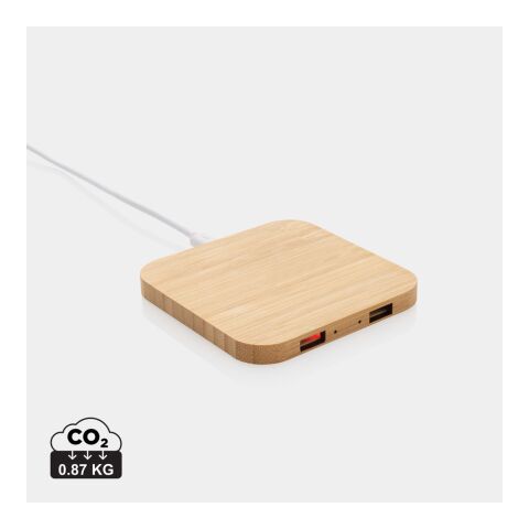 Cargador inalámbrico FSC® bambú 10W con USB marrón | sin montaje de publicidad | no disponible | no disponible