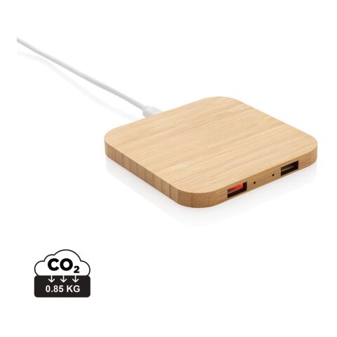 Cargador inalámbrico FSC® bambú 10W con USB marrón | sin montaje de publicidad | no disponible | no disponible