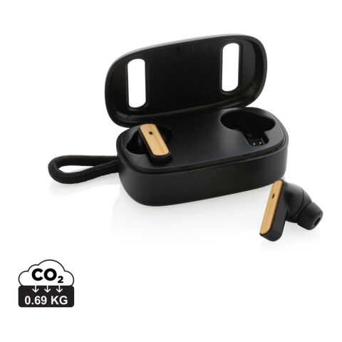 Auriculares TWS de plástico reciclado RCS y bambú FSC® negro | sin montaje de publicidad | no disponible | no disponible