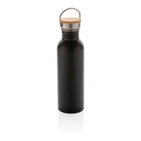 Botella moderna de acero inoxidable con tapa de bambú.