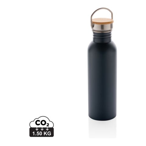 Botella moderna de acero inoxidable con tapa de bambú.