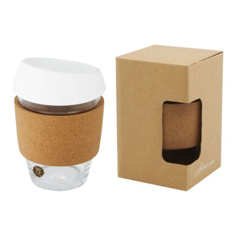 Vaso de vidrio borosilicato de 360 ml con agarre de corcho y tapa de silicona &quot;Lidan&quot; Estándar | Blanco | sin montaje de publicidad | no disponible | no disponible