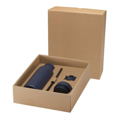 Botella de 650 ml de acero inoxidable reciclado con certificado RCS de doble pared con 3 tapas &quot;Iluminate&quot; Estándar | Azul profundo | sin montaje de publicidad | no disponible | no disponible