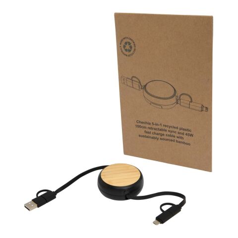 Cable retráctil 5 en 1 de plástico reciclado de 100 cm para sincronización de datos y carga rápida de 45 W con detalles de bambú &quot;Chechia&quot; Estándar | Negro intenso | sin montaje de publicidad | no disponible | no disponible