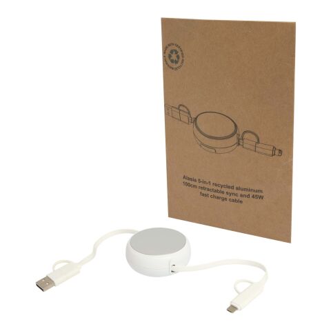 Cable retráctil 5 en 1 de 100 cm de plástico reciclado y aluminio para sincronización de datos y carga rápida de 45 W &quot;Alasia&quot; Estándar | Plateado | sin montaje de publicidad | no disponible | no disponible
