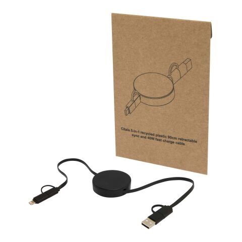 Cable retráctil 5 en 1 de plástico reciclado de 90 cm para sincronización de datos y carga rápida de 40 W &quot;Citala&quot; Estándar | negro | sin montaje de publicidad | no disponible | no disponible