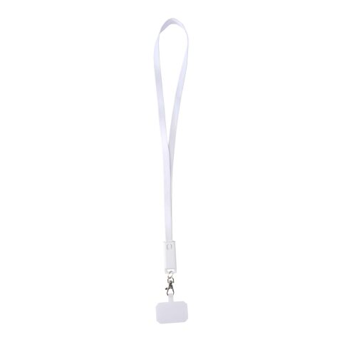 Lanyard de plástico reciclado para smartphone con sincronización de datos integrada y cable 5 en 1 de carga rápida de 65 W &quot;Franz&quot; Estándar | Blanco | sin montaje de publicidad | no disponible | no disponible | no disponible