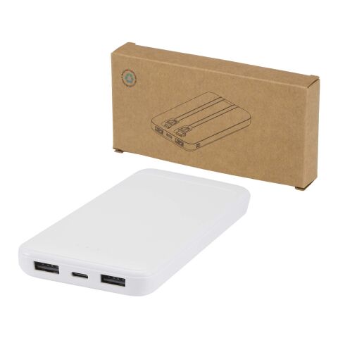 Batería externa de plástico reciclado de 10 000 mAh y 10 W con 2 cables integrados &quot;Adhil&quot; Estándar | Blanco | sin montaje de publicidad | no disponible | no disponible