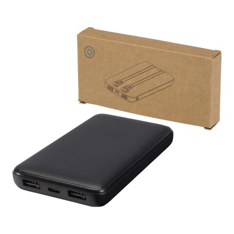 Batería externa de plástico reciclado de 10&nbsp;000&nbsp;mAh y 10&nbsp;W con 2 cables integrados "Adhil" Estándar | Negro intenso | sin montaje de publicidad | no disponible | no disponible