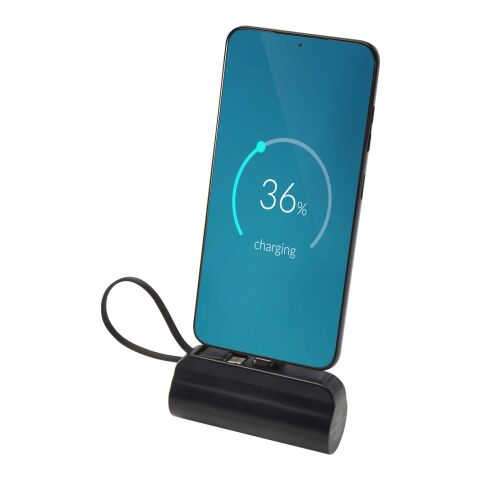Batería externa tipo-C de plástico reciclado de 5000&nbsp;mAh y 10&nbsp;W con soporte abatible incorporado y cable 2 en 1 "Alnair" Negro intenso