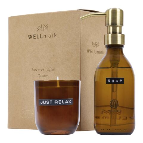Dispensador de jabón de manos de 200 ml y juego de velas perfumadas de 150 g con fragancia de bambú &quot;Wellmark Discovery&quot; Estándar | Ámbar mezcla | sin montaje de publicidad | no disponible | no disponible