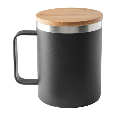 LAUDA. Taza de acero inoxidable 90% reciclado con tapa de bambú 420 mL Negro | sin montaje de publicidad