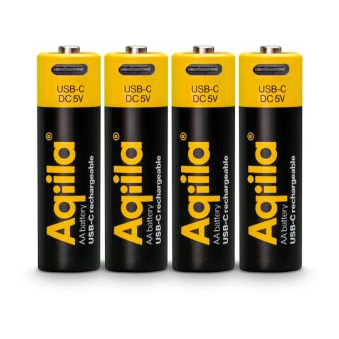 Paquete de 4 pilas AA recargables Aqiila con conexión USB-C de 2000 mAh Negro