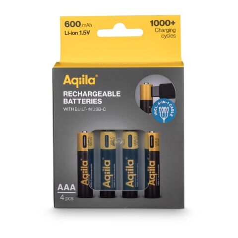 Baterías recargables Aqiila USB-C AAA de 600 mAh, paquete de 4 Negro