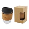 Vaso de vidrio borosilicato de 360 ml con agarre de corcho y tapa de silicona "Lidan" Negro intenso